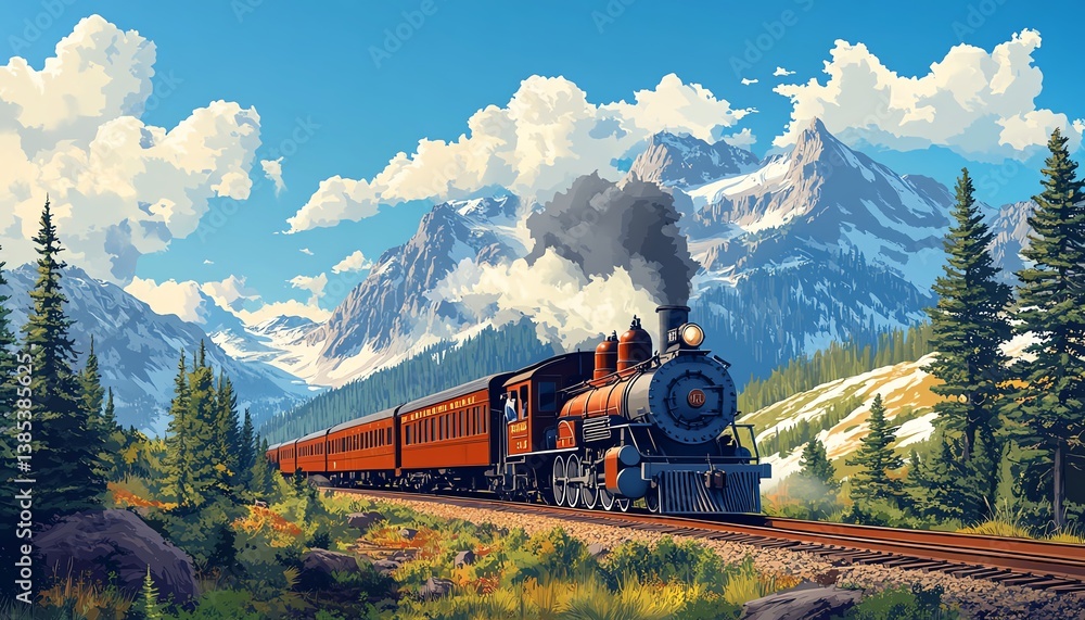 Obraz premium Vector illustration of a vintage train traveling through the majestic Rocky Mountains, featuring detailed historical locomotives and breathtaking rugged landscapes