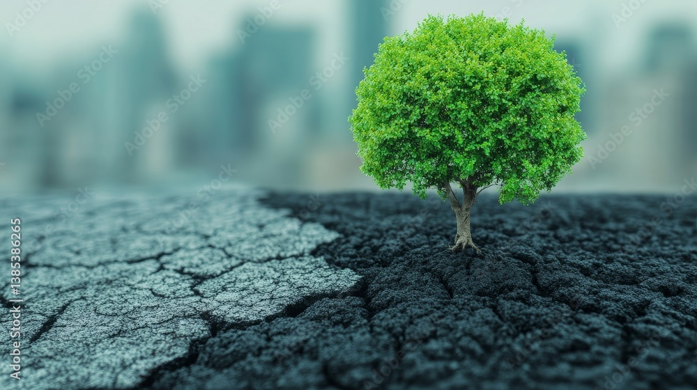 Vibrant green tree growing on dry urban ground showing contrast between nature and city