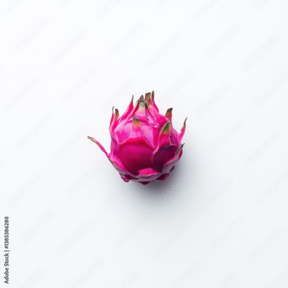 A single dragon fruit in close-up, isolated on a white background. Featuring vibrant pink skin and white flesh A single dragon fruit in close-up, isolated on a white background. Featuring vibrant pink skin and white flesh