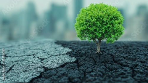 Vibrant green tree growing on dry urban ground showing contrast between nature and city