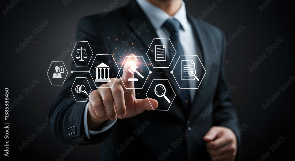 A man in a suit touching digital icons representing legal and justice related services on a dark background A man in a suit touching digital icons representing legal and justice related services on a dark background