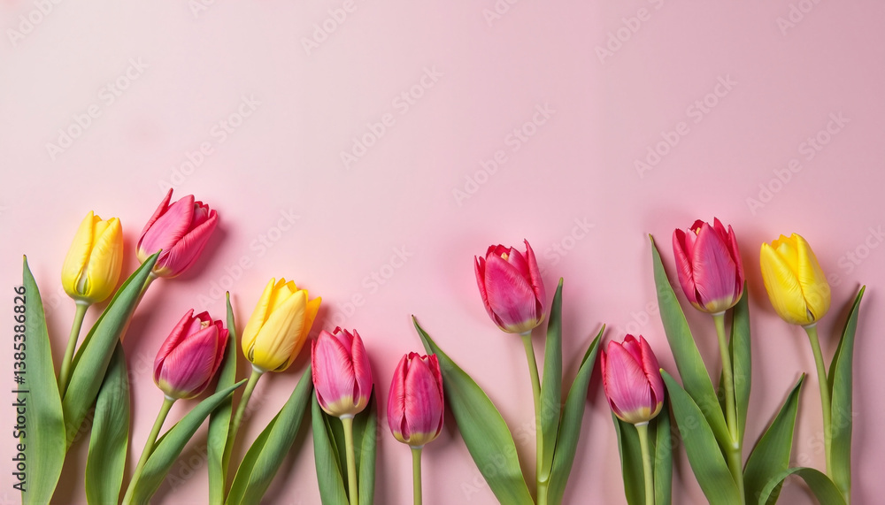 Fototapeta premium Pink and Yellow Tulips Lined Up Against a Soft Pink Background 