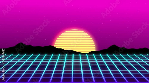 An immersive retro-futuristic vaporwave background showcasing a glowing neon grid, vibrant pink and purple gradient sky, and a striking sunset.