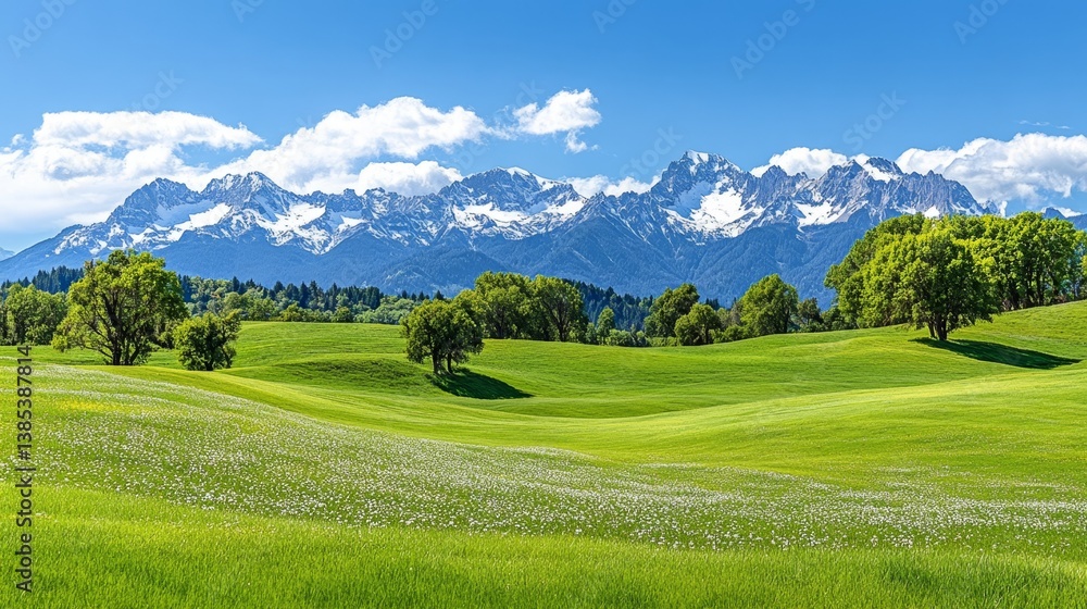 Fototapeta premium A wildflower-covered meadow in full bloom, with the Olympic Mountains towering in the background