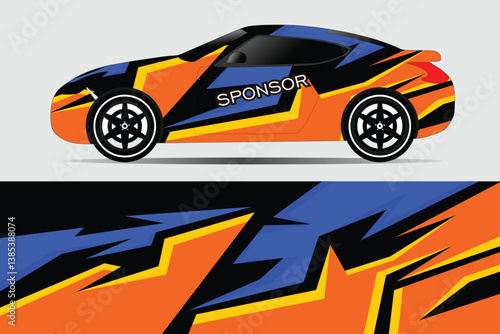 Vibrant sports car with striking orange and blue design parked against a neutral background