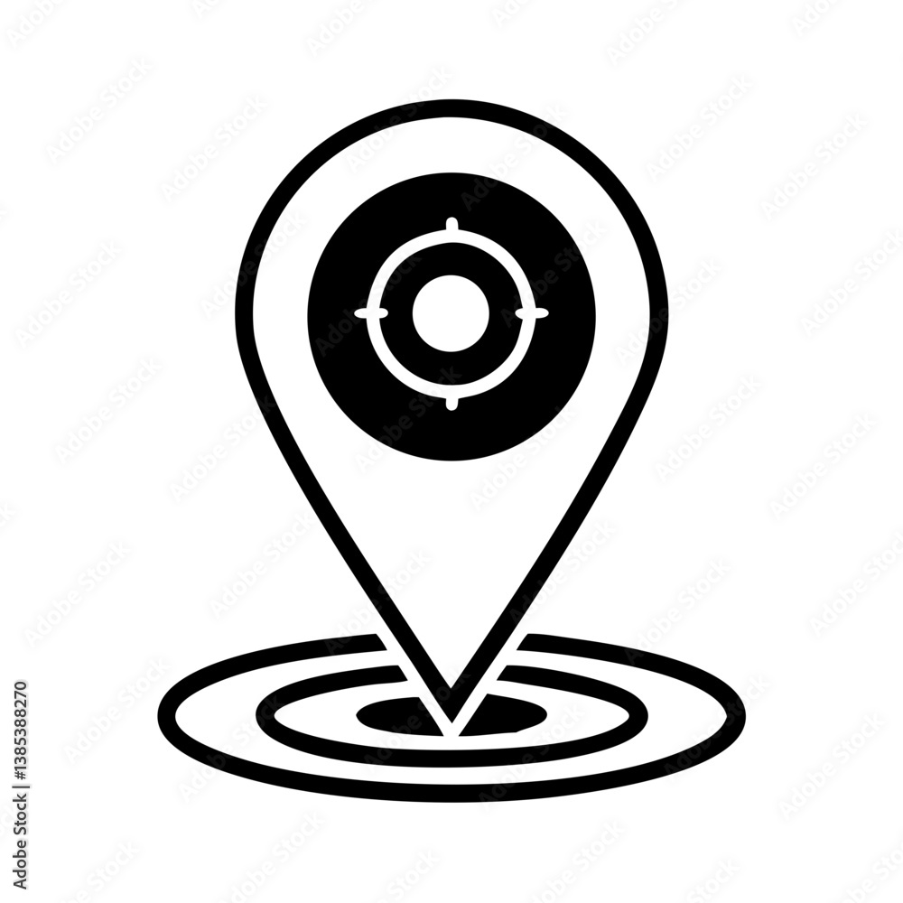 Precision Point: A minimalist black and white icon representing a location pin with a target within, symbolizing accuracy, direction, and the pinpointing of a specific destination. Precision Point: A minimalist black and white icon representing a location pin with a target within, symbolizing accuracy, direction, and the pinpointing of a specific destination.
