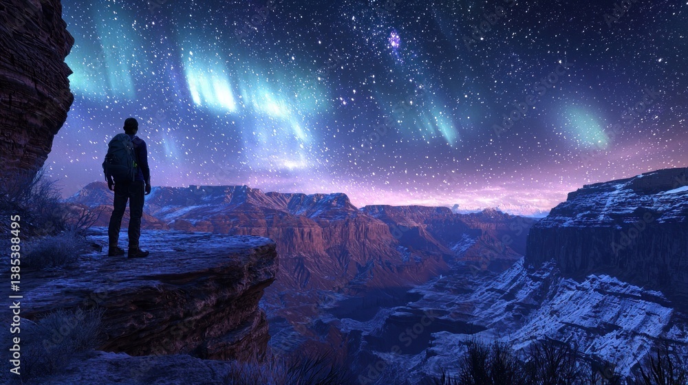 Fototapeta premium Starry Night Majesty: A Lone Traveler Gazes Upon a Breathtaking Canyon Under a Celestial Aurora