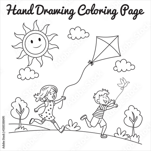 A hand-drawn illustration of a child riding a bicycle through a grassy field with colorful flowers, under a bright sunny sky.