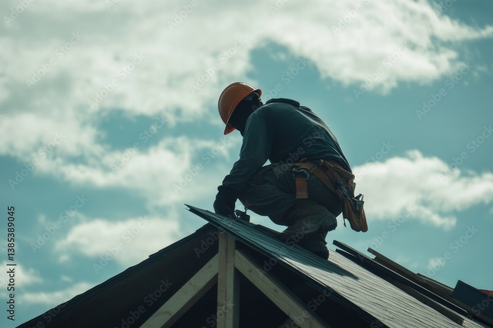 A construction worker installing roofing shingles at a job site. Featuring skill and focus A construction worker installing roofing shingles at a job site. Featuring skill and focus