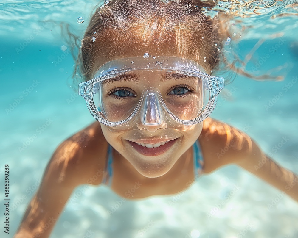 Naklejka premium Underwater Girl's Underwater Adventure: A Smiling Child's Joyful Snorkeling Experience in Clear Ocean Waters
