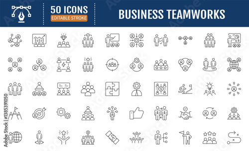 Business teamwork line editable icons set. Containing collaboration, research, meeting, community, teamwork and more. Vector Illustration