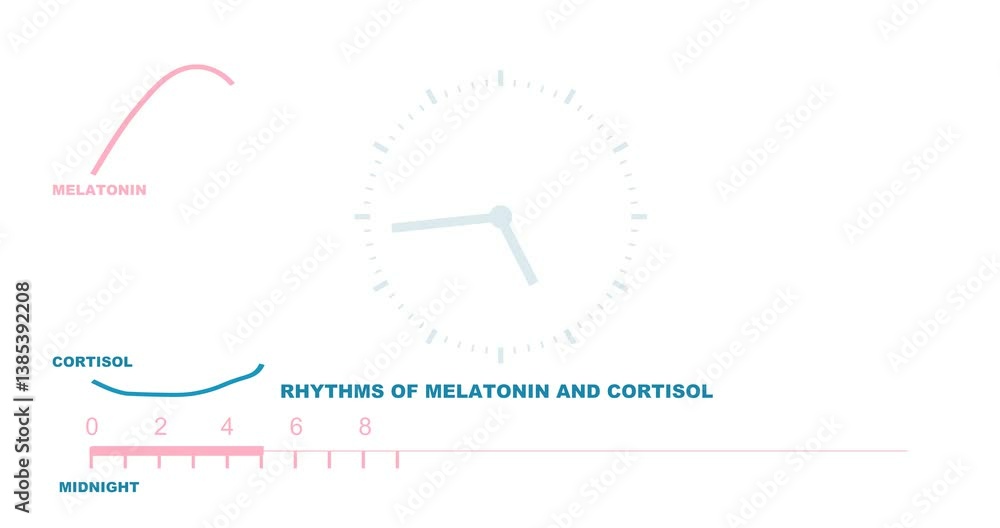 Fluctuation of the hormone cortisol and melatonin concentration in humans during the course of a day. Circadian secretion Fluctuation of the hormone cortisol and melatonin concentration in humans during the course of a day. Circadian secretion