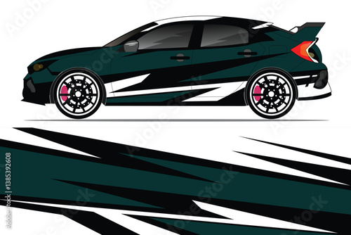 Sleek, modified hatchback car with dynamic graphics in a minimalist design showcasing speed
