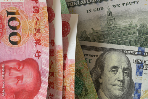 Chinese Yuan and US Dollar Banknotes. Cash. Financial Concept.