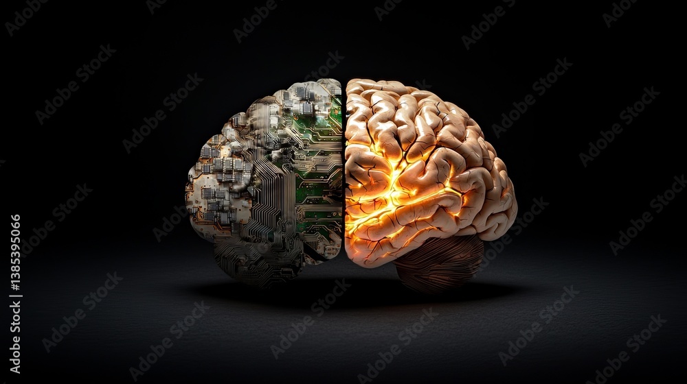 A split brain design showcasing one half as a circuit board and the other as a human brain, symbolizing technology and cognition. A split brain design showcasing one half as a circuit board and the other as a human brain, symbolizing technology and cognition.