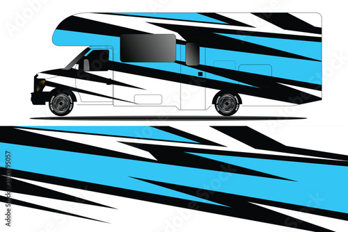 Abstract design of a stylized RV with dynamic blue and black stripes on a white background