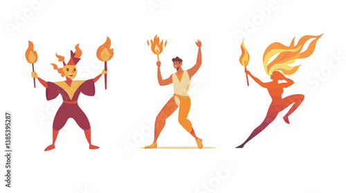 Dynamic and captivating vector graphic design featuring a fire juggler with torches, performing a skillful and daring display of fire juggling. The illustration showcases the intense movement, 