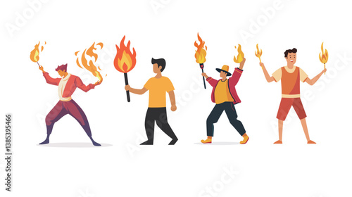 Dynamic and captivating vector graphic design featuring a fire juggler with torches, performing a skillful and daring display of fire juggling. The illustration showcases the intense movement, 