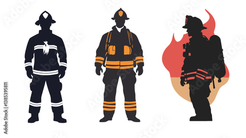 Strong and heroic vector graphic design featuring the silhouette of a firefighter man in action, representing courage, determination, and bravery. 