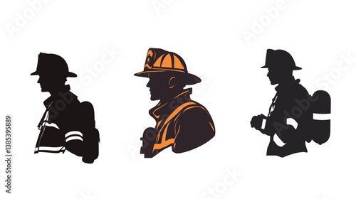 Strong and heroic vector graphic design featuring the silhouette of a firefighter man in action, representing courage, determination, and bravery. 