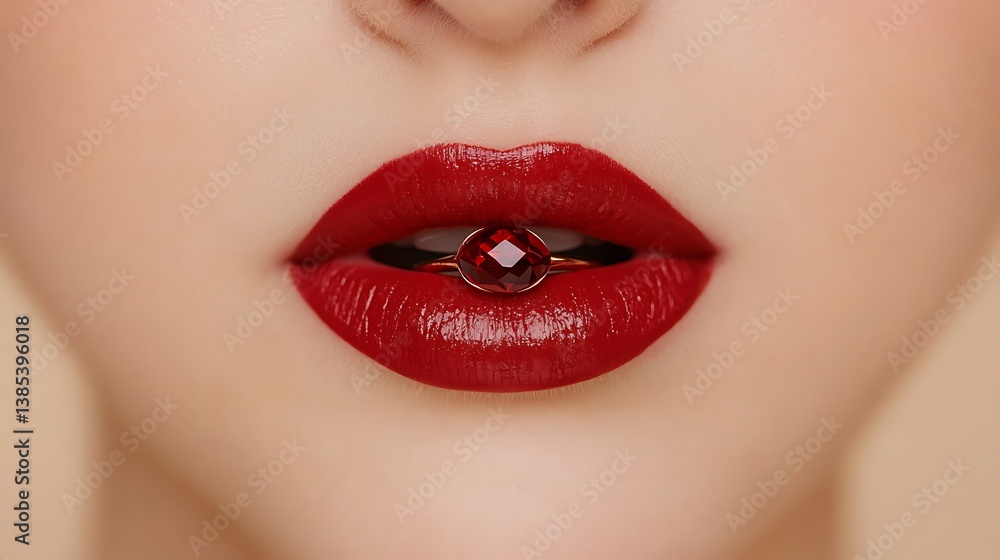 Obraz premium A close-up of a woman's lips adorned with vibrant red lipstick, featuring a decorative element placed between them for a striking visual effect.