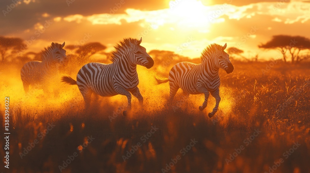Obraz premium Cebras corriendo por paisajes polvorientos al atardecer en la sabana africana.