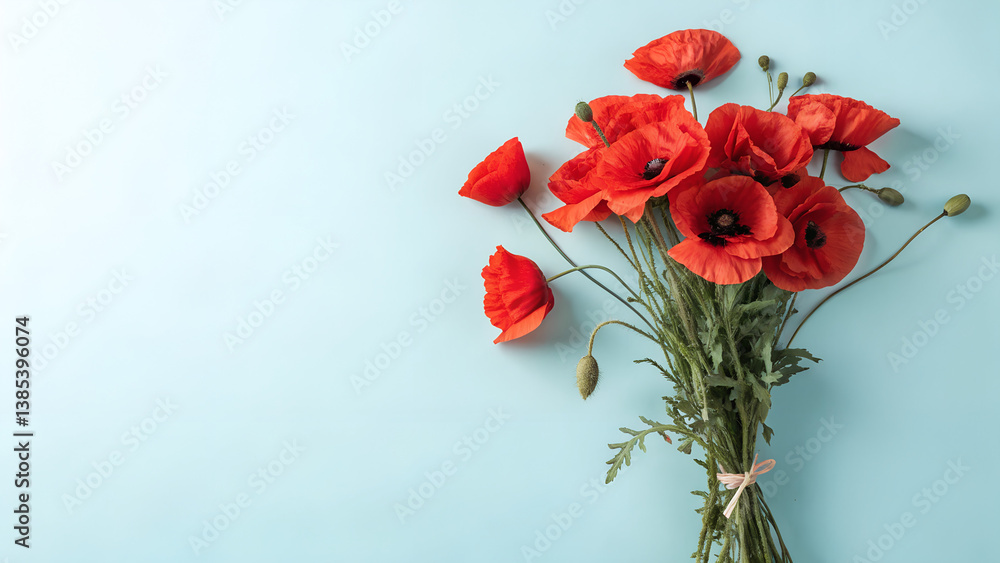 Obraz premium Minimal bouquet of red poppies on blue pastel background with soft shadow, ideal for Canada Day floral visuals, remembrance mockups and seasonal packaging templates 