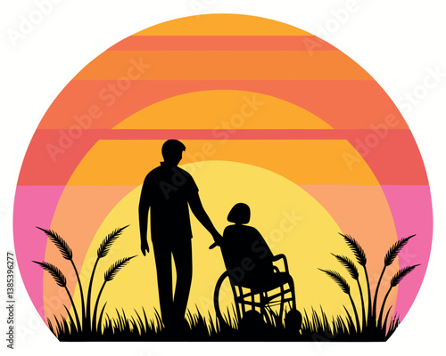 Long-Term Care Support: Silhouette of Caregiver Assisting Senior in Wheelchair.