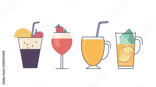 Colorful and appetizing vector graphic design showcasing a variety of food and drink elements, including beverages, fruits, meals, and desserts. This stylized illustration captures culinary diversity,