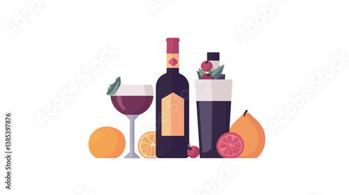 Colorful and appetizing vector graphic design showcasing a variety of food and drink elements, including beverages, fruits, meals, and desserts. This stylized illustration captures culinary diversity,