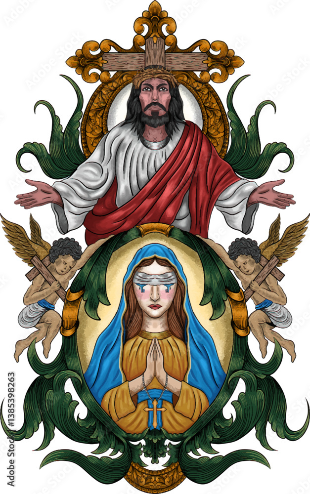 Fototapeta premium Holy Mother Mary Holding Jesus Religious Art with Cross