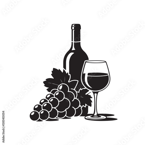  Elegant Wine Bottle and Glass with Grapes in Black and White for Wine Lover Illustrations