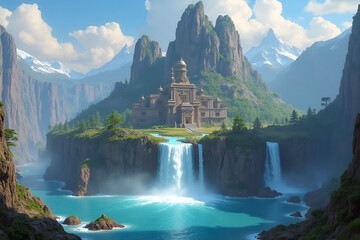 Papier peint photo Canada Majestic palace painting peaceful nestled atop verdant island with waterfalls and mountains  © Tatyana
