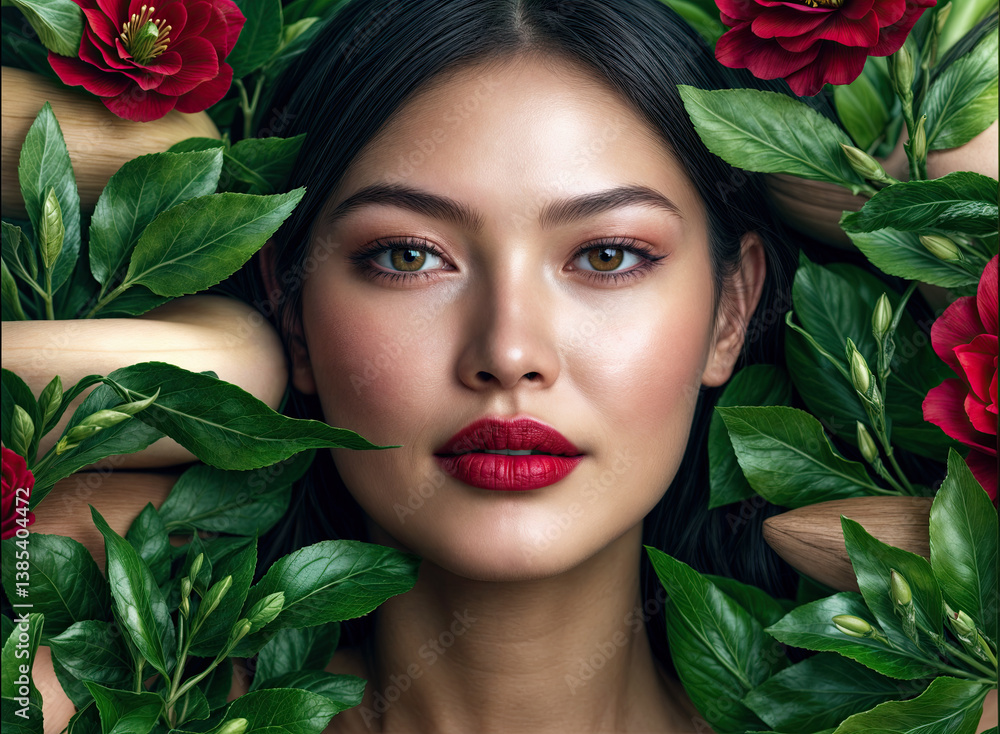 A woman with radiant skin and vibrant red lips, surrounded by lush greenery and red flowers.