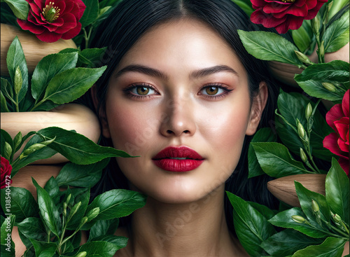 Obraz na płótnie A woman with radiant skin and vibrant red lips, surrounded by lush greenery and red flowers. w salonie
