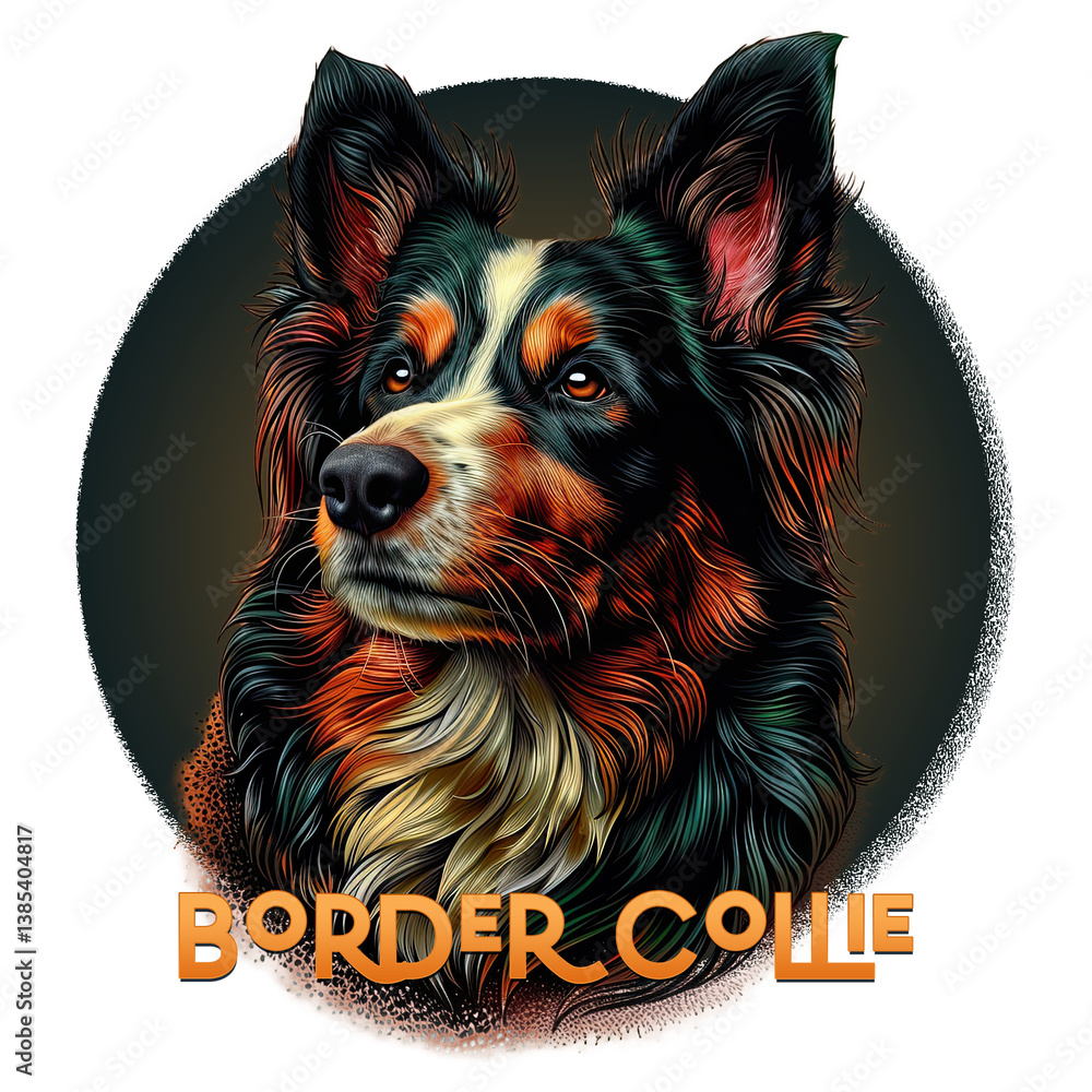 a vibrant illustration of a Border Collie dog, with a multicolored fur pattern featuring shades of black, red, and white. The text