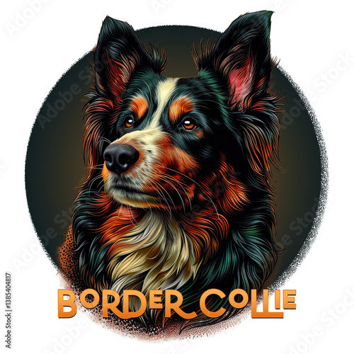 a vibrant illustration of a Border Collie dog, with a multicolored fur pattern featuring shades of black, red, and white. The text 