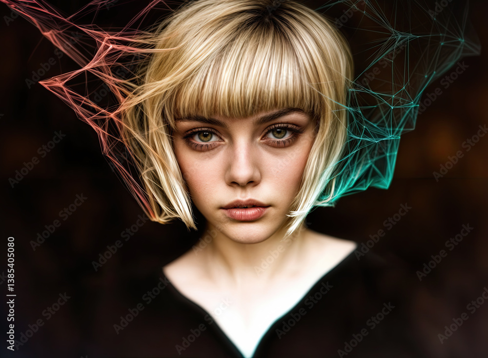 Close-up portrait of a young woman with short blonde hair and a serious expression.