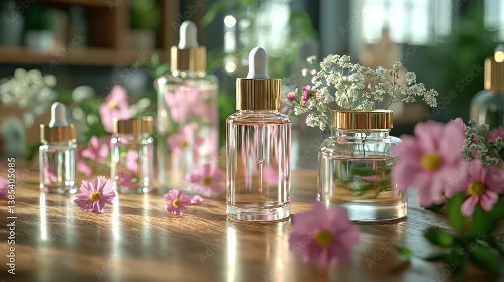 Floral essential oils displayed on wooden table Floral essential oils displayed on wooden table