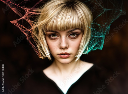 Close-up portrait of a young woman with short blonde hair and a serious expression.
