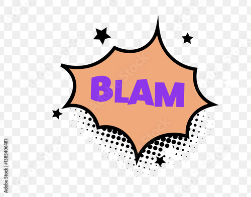 Comic Style BLAM Text in Orange Burst with Halftone Dots and Purple Font, Great for Action Sounds, Pop Art Graphics, and Fun Explosive Effects. Retro and Bold. Vector Illustration.