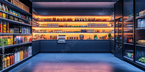 beautifully organized smart pantry with automated shelves and barcode scanning technology for efficient storage
