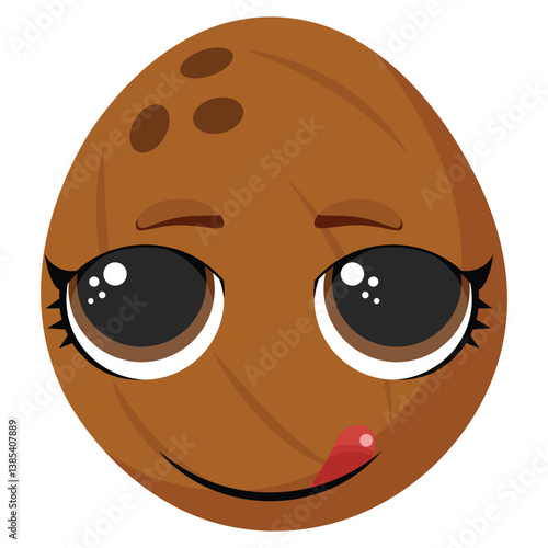 Cute coconut with big shiny eyes and tongue out expression, great for kids branding, fruit packaging, tropical food labels or healthy snack themes