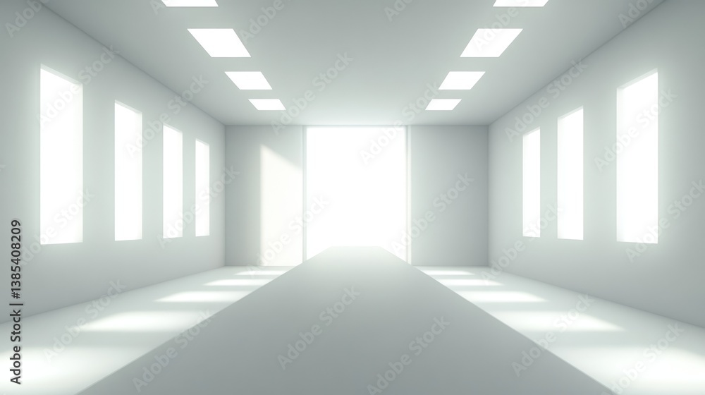 Obraz premium Bright white room, pathway, light, windows, design, backdrop