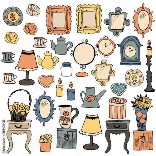 Different objects vintage retro style set collection on white background isolated vector illustration hand drawn stickers 