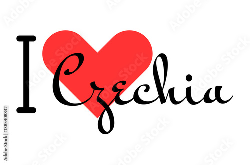 I love Czechia. Hand drawn letters with red heart. Vector illustration, lettering in modern design