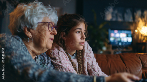 Young relative, senior family member comparing video streaming device options for smart TV upgrade. Entertainment technology, media access or viewing enhancement. Digital leisure