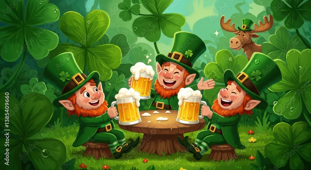 St. Patrick's Day celebration with leprechauns toasting with beer St. Patrick's Day celebration with leprechauns toasting with beer