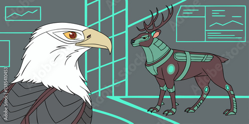 Eagle and Deer in Armor Futuristic Sci-fi Cartoon Illustration
