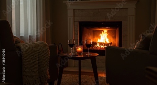 Cozy fireplace with wine glasses and a lit candle